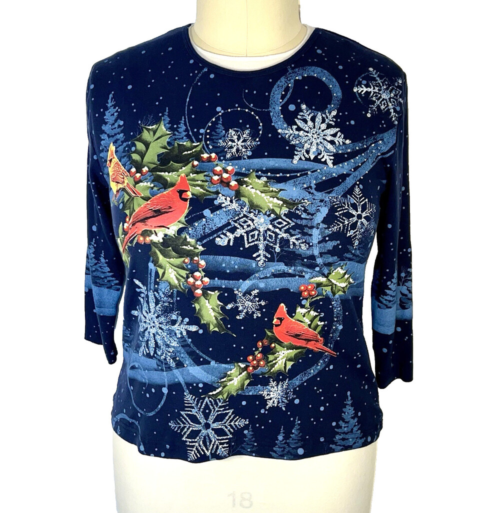 Morning Sun - Knit Top Women's L Red Cardinal Birds Fir Trees and Snowflakes